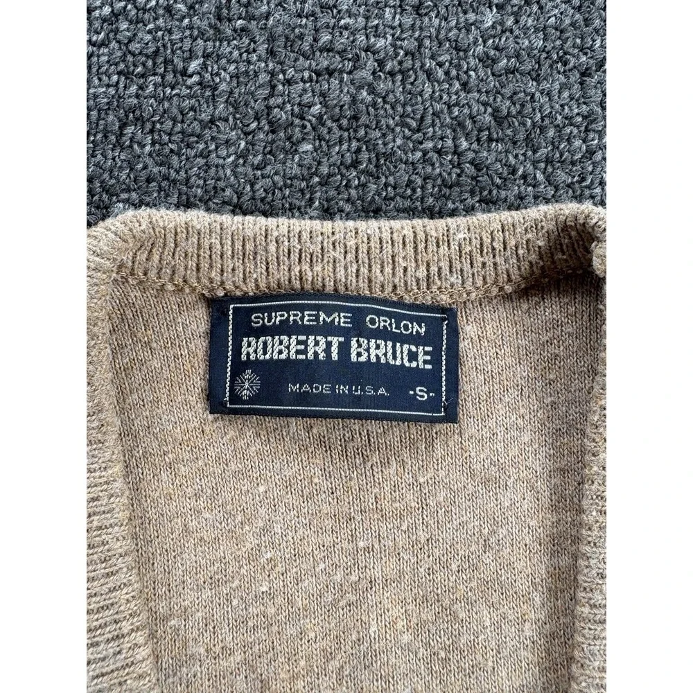 Vintage Robert Bruce Sweater Vest Size S Tan Knit V-Neck Made in USA